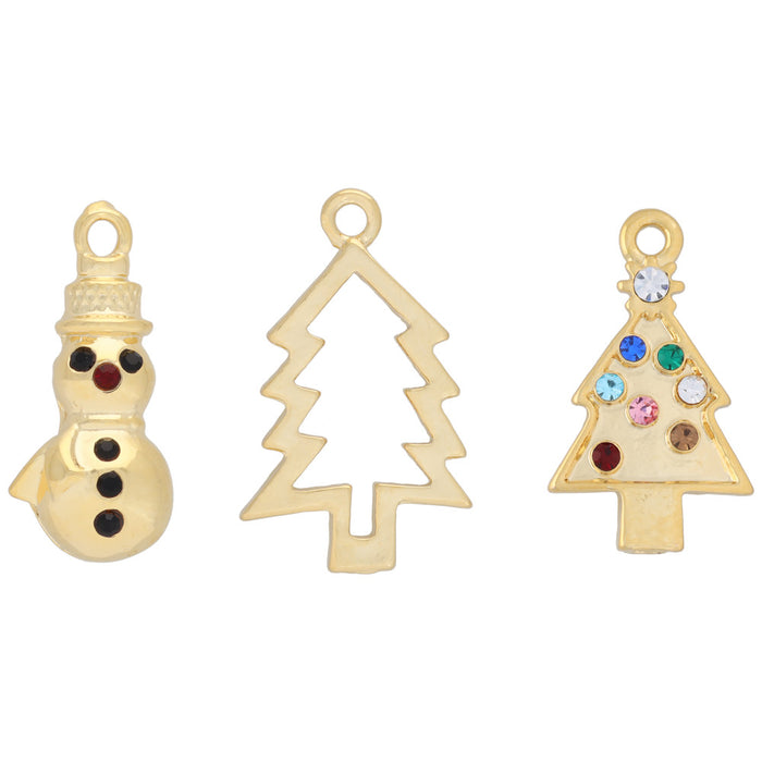 Jewelry Charm Assortment, Snowman and Trees 20-23mm, Gold Tone with Crystal Accent, 3 Pieces (1 Set)