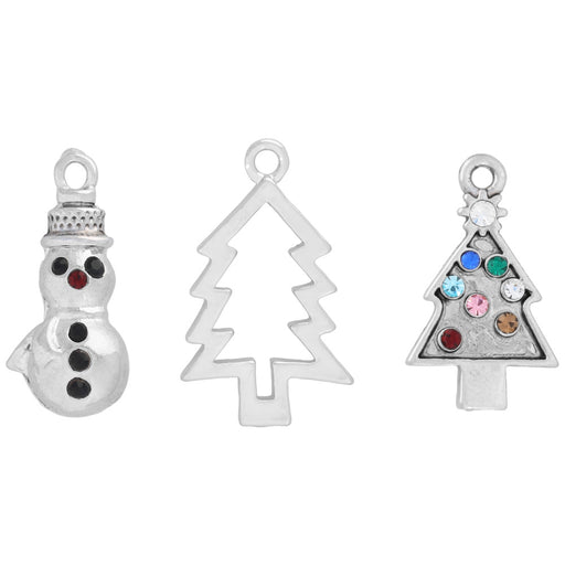 Jewelry Charm Assortment, Snowman and Trees 20-23mm, Silver Tone with Crystal Accent, 3 Pieces (1 Set)