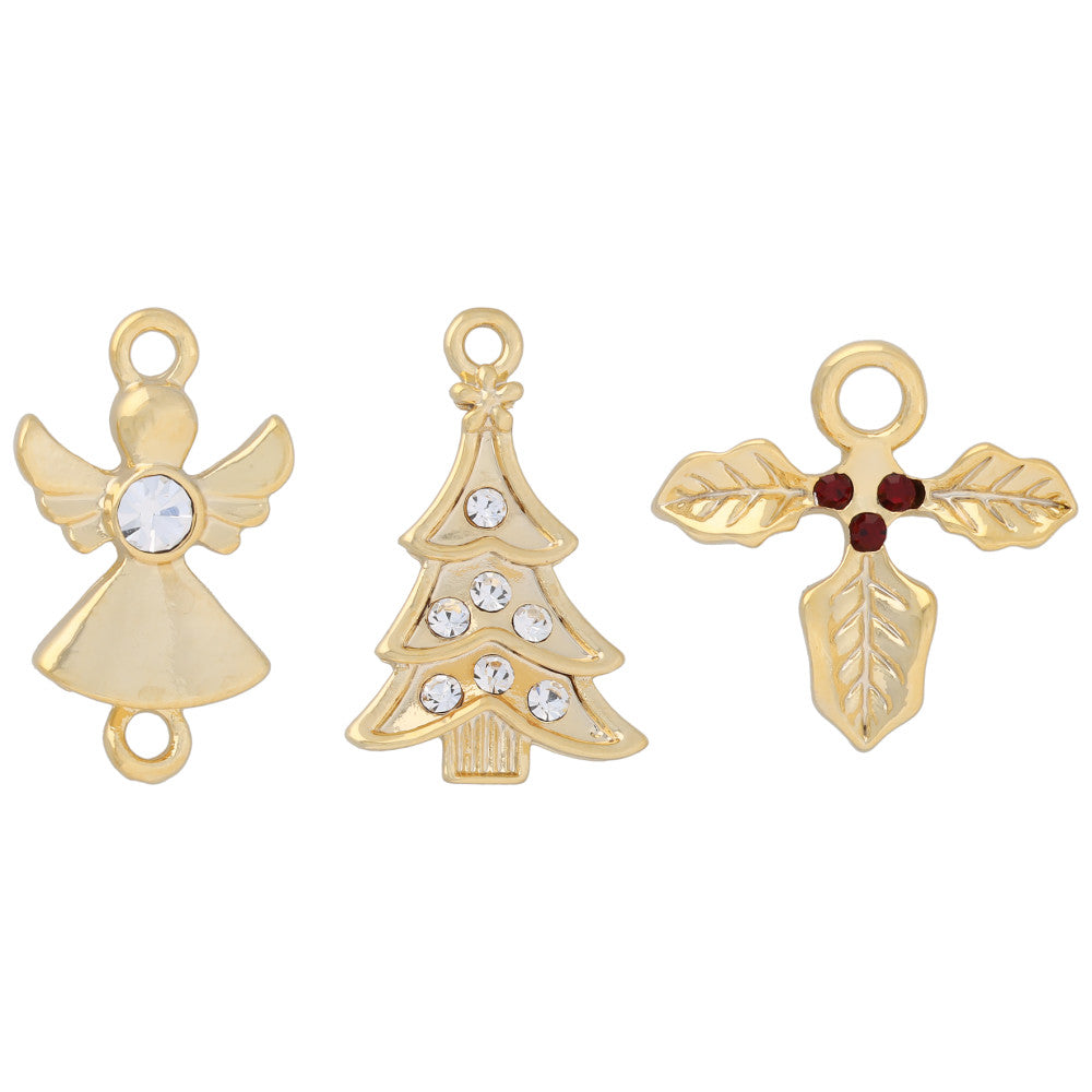 Jewelry Charm Assortment, Angel, Poinsettia, and Tree 15-22mm, Gold Tone with Crystal Accent, 3 Pieces (1 Set)