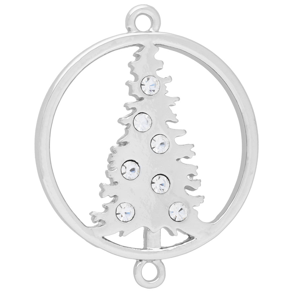 Connector Link, Christmas Tree Round Vertical 24x30mm, Silver Tone with Crystal Accent (1 Piece)