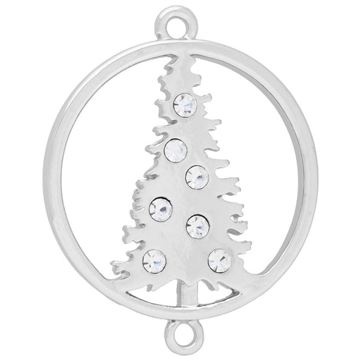 Connector Link, Christmas Tree Round Vertical 24x30mm, Silver Tone with Crystal Accent (1 Piece)