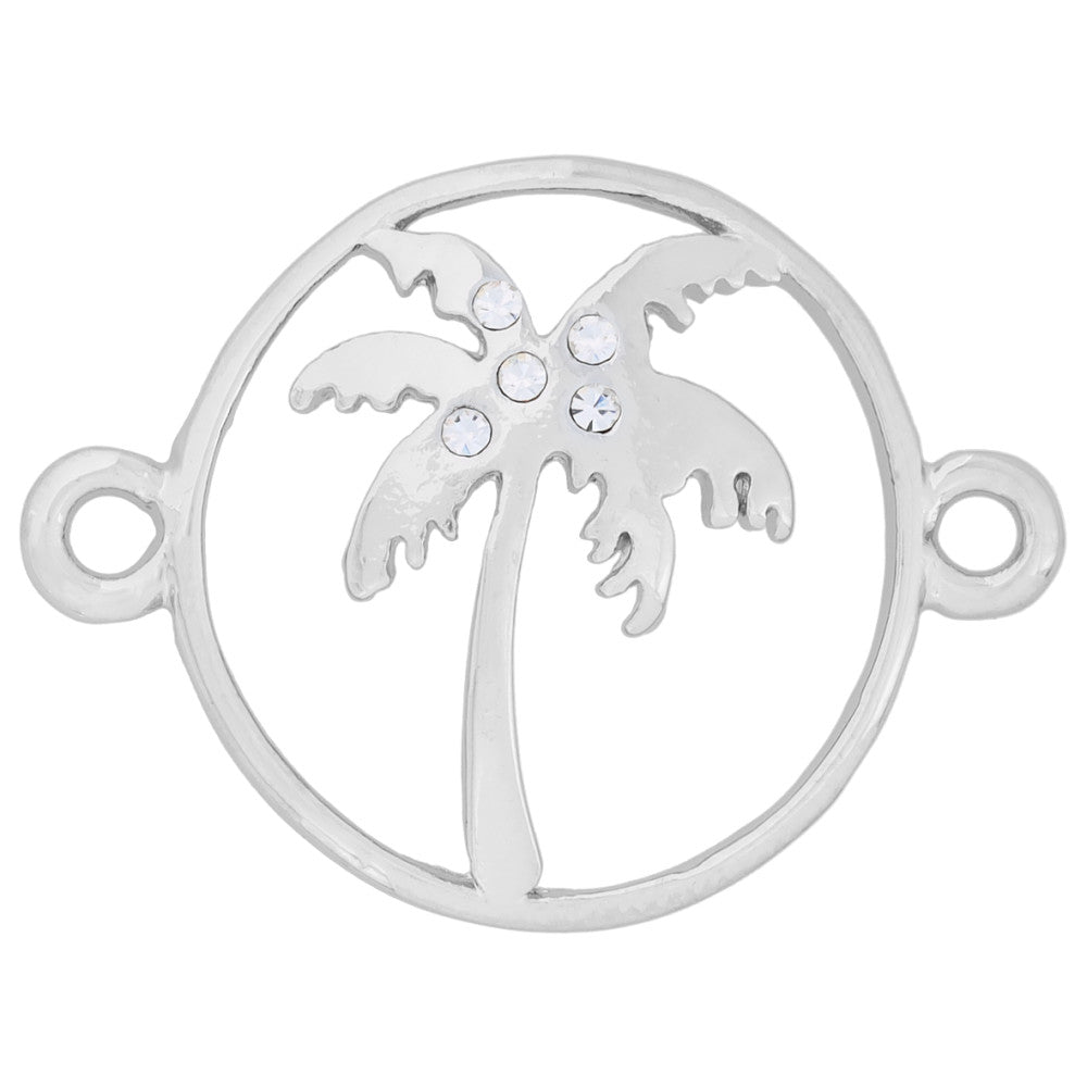 Connector Link, Palm Tree Round Connector Horizontal 20x24mm, Silver Tone with Crystal Accent (1 Piece)