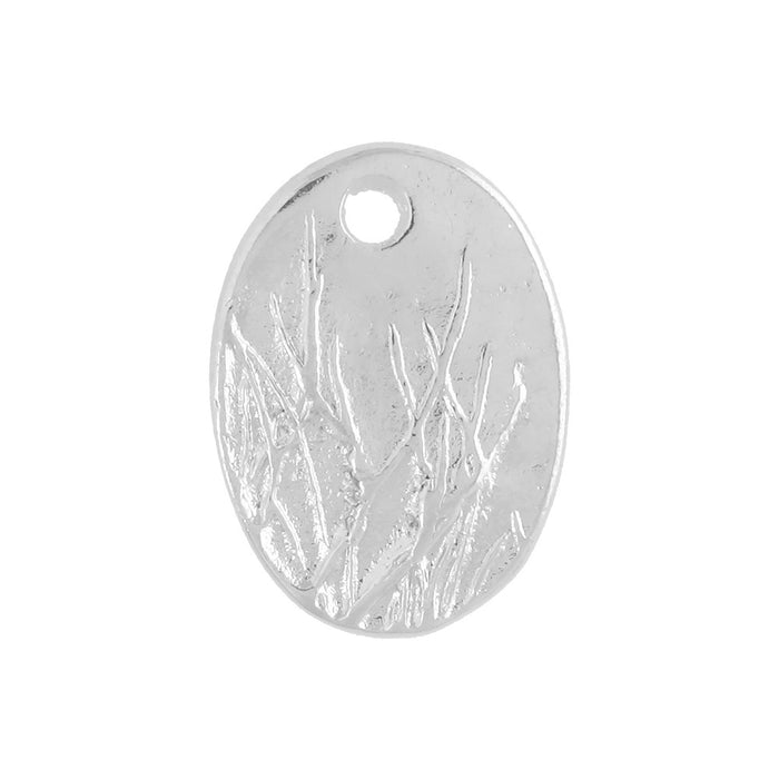 Charm, Oval with Meadow Grass Design 13.5x9.8mm, Bright Silver, by Nunn Design (1 Piece)