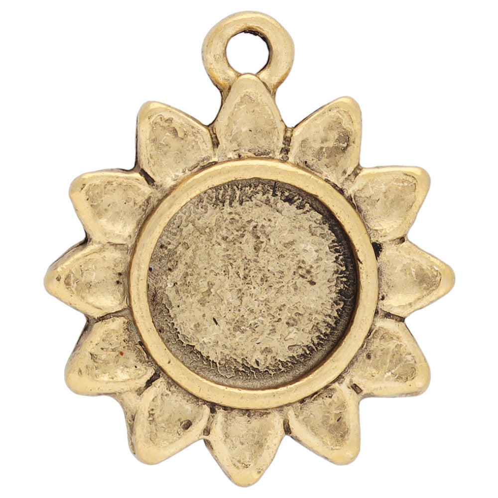 Bezel Pendant, Itsy Sunflower with Circle Bezel 21.5x18.5mm, Antiqued Gold, by Nunn Design (1 Piece)