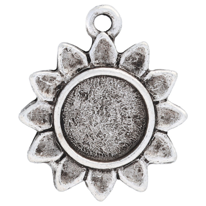 Bezel Pendant, Itsy Sunflower with Circle Bezel 21.5x18.5mm, Antiqued Silver, by Nunn Design (1 Piece)