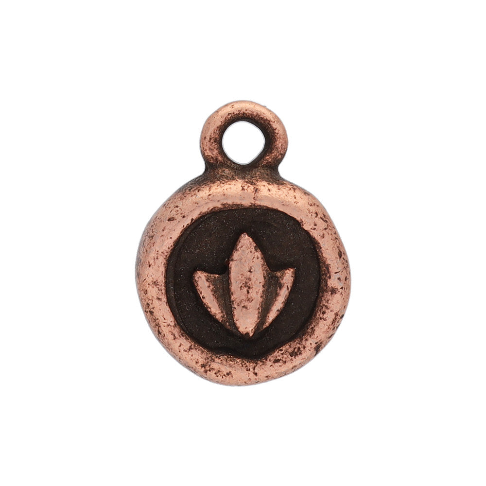 Charm, Itsy Circle with Lotus Flower 12.8x9.6mm, Antiqued Copper, by Nunn Design (1 Piece)
