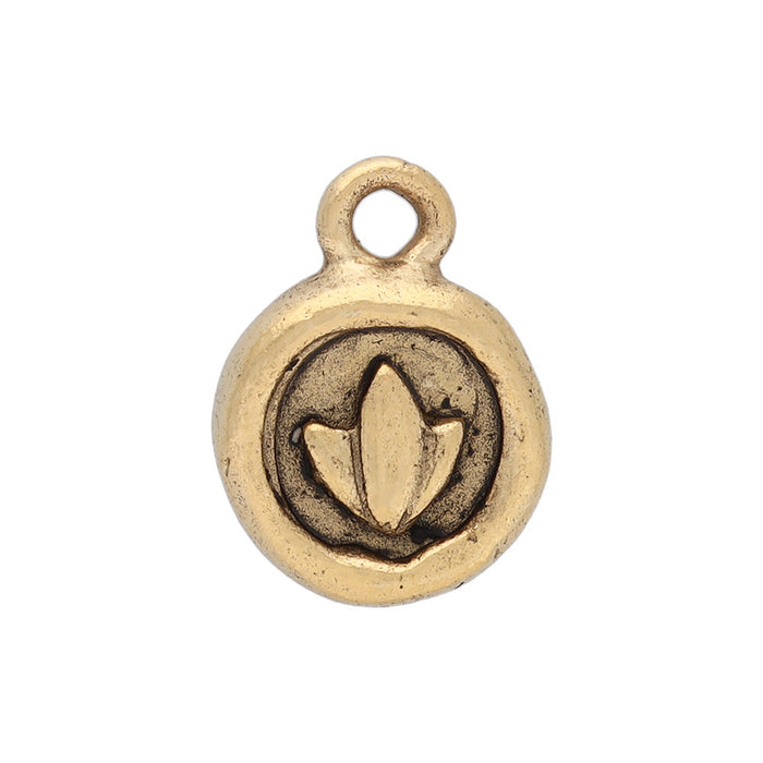 Charm, Itsy Circle with Lotus Flower 12.8x9.6mm, Antiqued Gold, by Nunn Design (1 Piece)