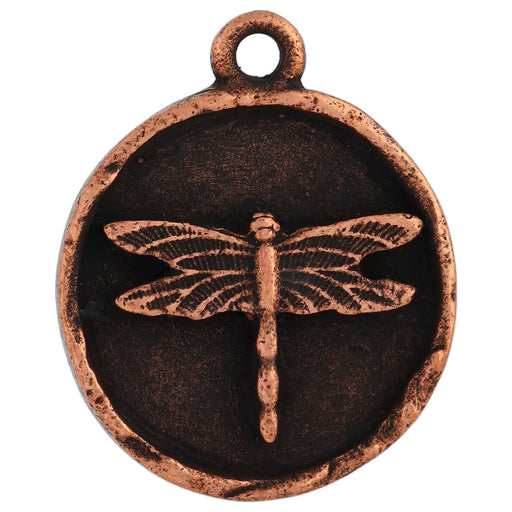 Charm, Round with Dragonfly 24x20mm, Antiqued Copper, by Nunn Design (1 Piece)