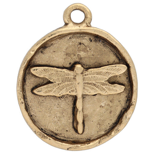Charm, Round with Dragonfly 24x20mm, Antiqued Gold, by Nunn Design (1 Piece)