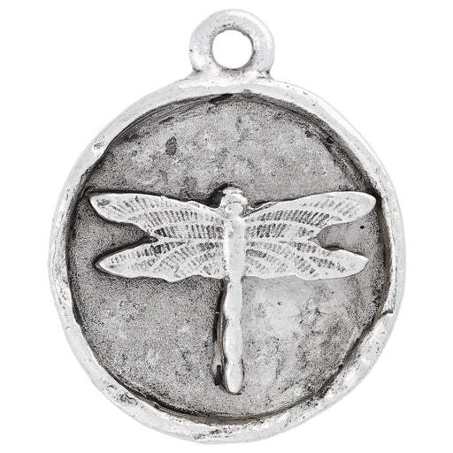 Charm, Round with Dragonfly 24x20mm, Antiqued Silver, by Nunn Design (1 Piece)