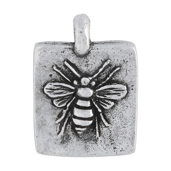 Green Girl Studios Message Pendant, Square Sweet Honey Bee, 18mm, 1 Piece, Pewter