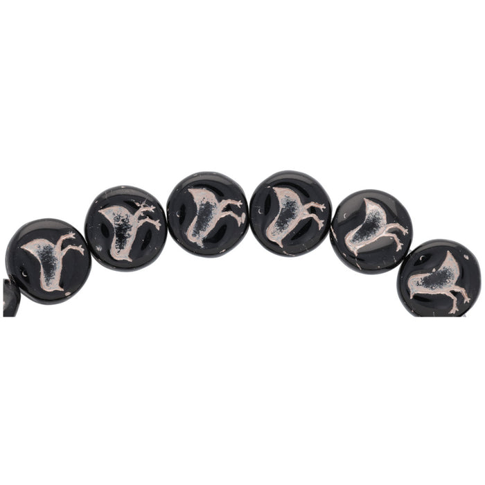 Czech Glass Beads, Coin with Bird 12mm, Black Opaque with Platinum Wash, by Raven's Journey (1 Strand)