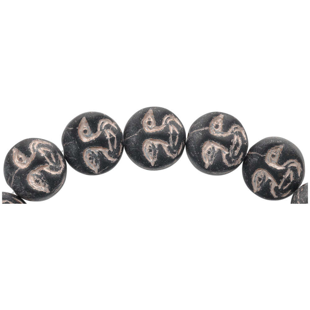 Czech Glass Beads, Round Coin with Moon Face 13mm, Jet Black Opaque Matte with Platinum Finish, by Raven's Journey (1 Strand)