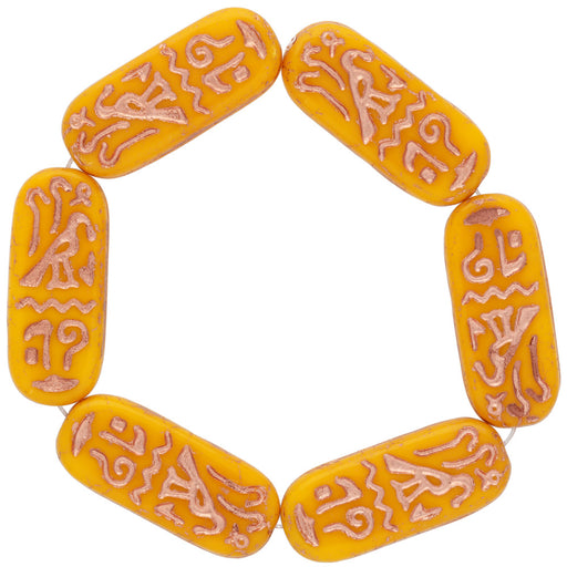 Czech Glass Beads, Oval Cartouche 25x10mm, Sun Yellow Opaque with Copper Wash, by Raven's Journey (1 Strand)