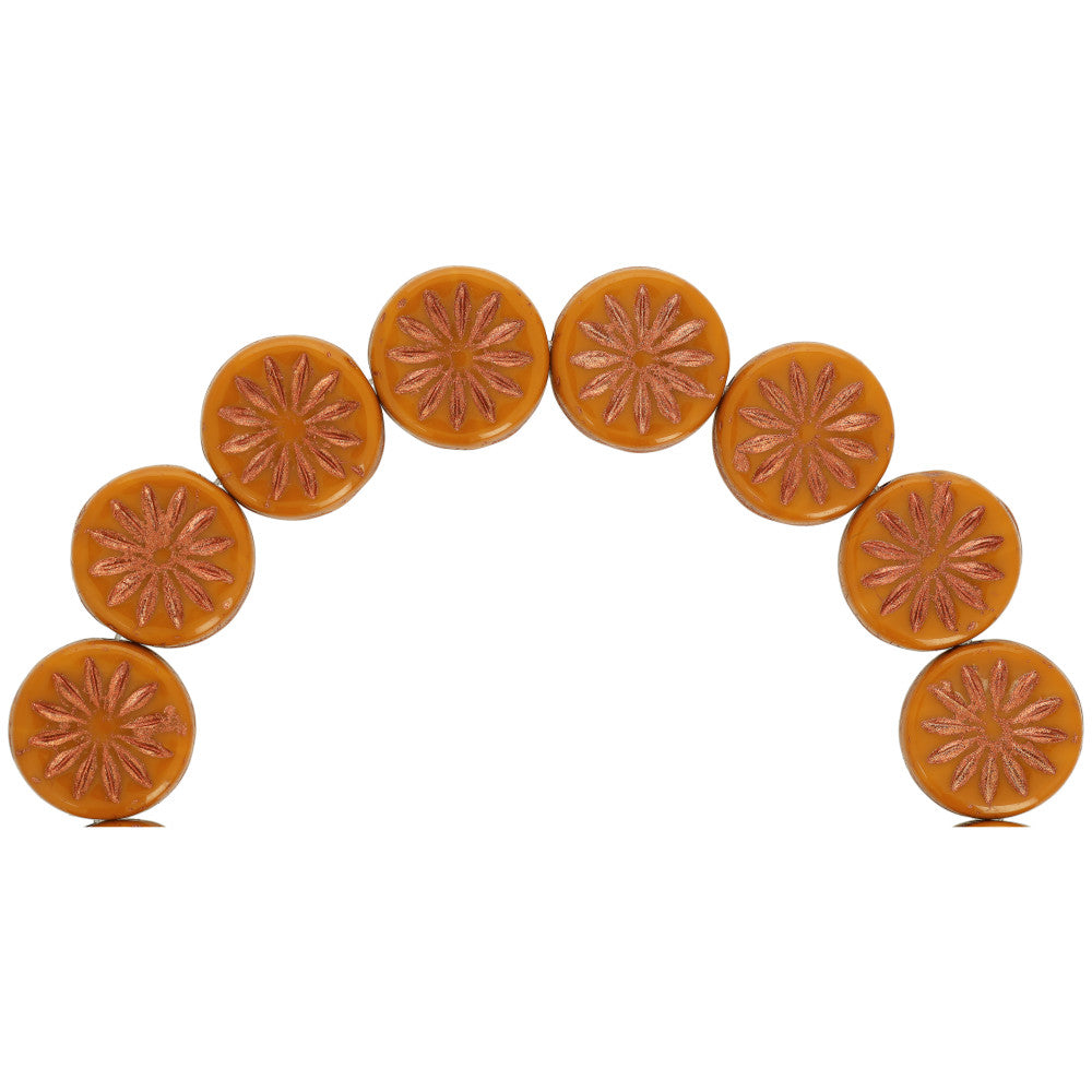 Czech Glass Beads, Coin with Aster 12mm, Mustard Orange Opaque with Copper Wash, by Raven's Journey (1 Strand)