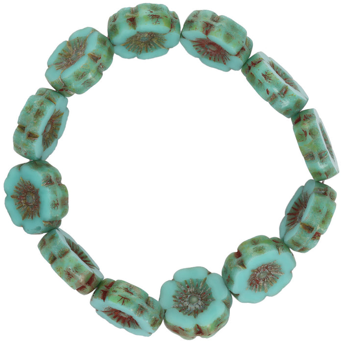 Czech Glass Hibiscus Flower (12mm) Turquoise Opaque with Picasso Finish , 1 Strand