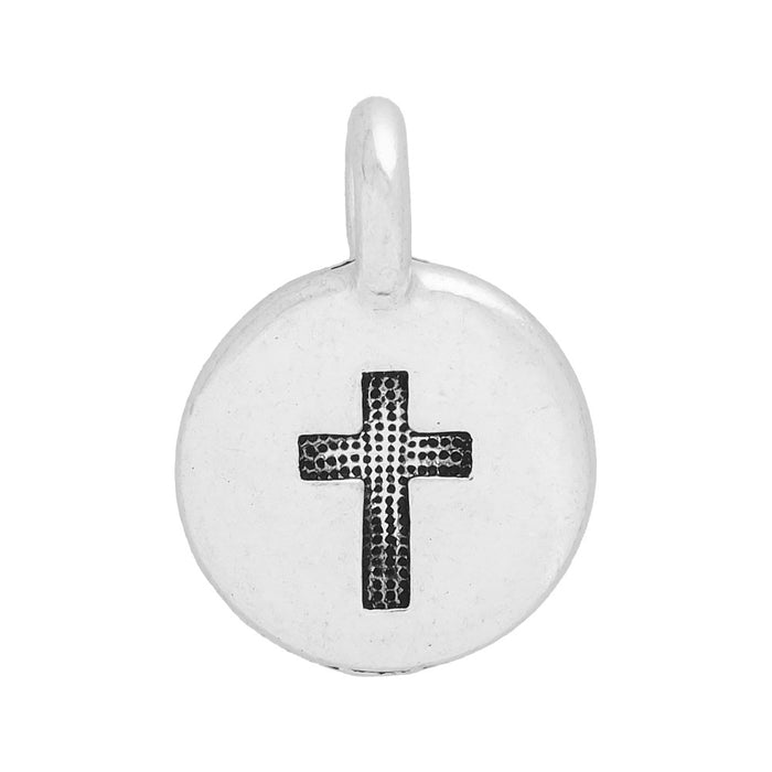 TierraCast Pewter Charm, Round Cross Symbol 16.5x11.5mm, Antiqued Silver Plated (1 Piece)