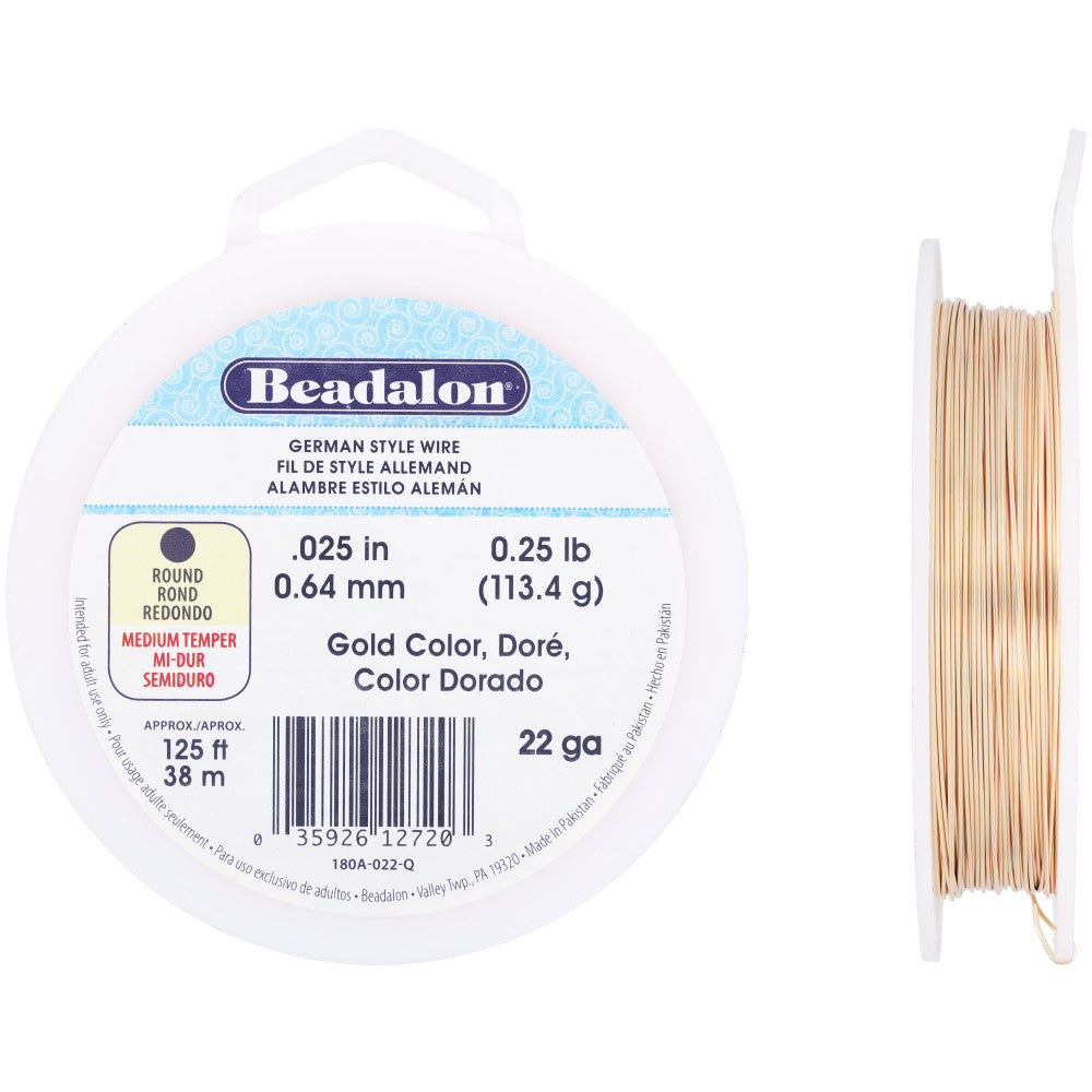 German Style Craft Wire, Round 22 Gauge / 0.25 in., 38.1 Meter Spool, Gold Color