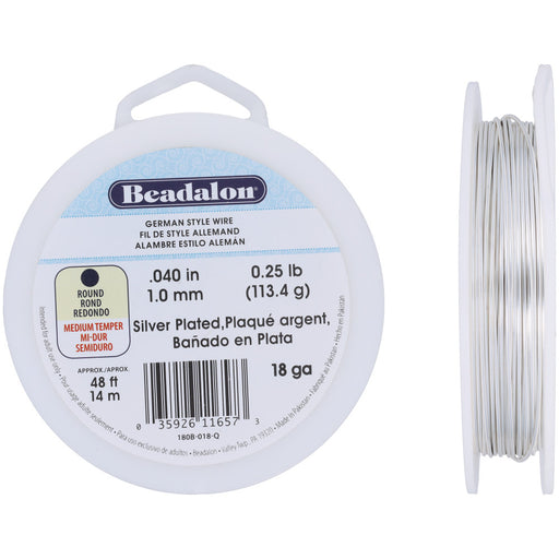 German Style Craft Wire, Round 18 Gauge / 0.40 in., 14 Meter Spool, Silver Plated