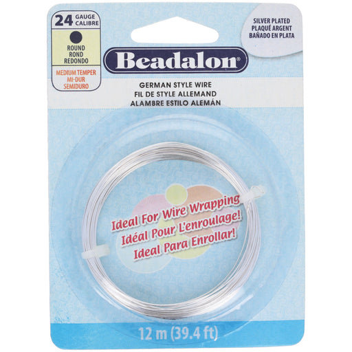 German Style Craft Wire, Round 24 Gauge / 0.20 in., 12 Meter Spool, Silver Plated