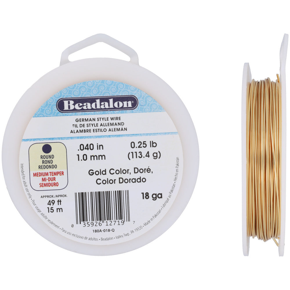 German Style Craft Wire, Round 18 Gauge / 0.40 in., 15 Meter Spool, Gold Color
