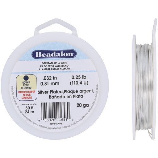 German Style Craft Wire, Round 20 Gauge / 0.32 in., 24 Meter Spool, Silver Plated