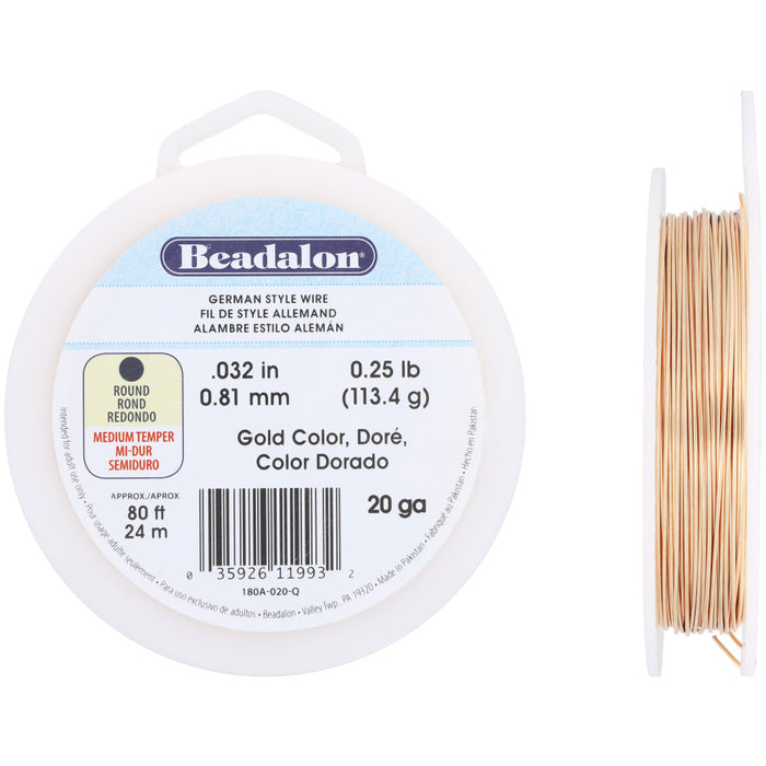 German Style Craft Wire, Round 20 Gauge / 0.32 in., 24 Meter Spool, Gold Color