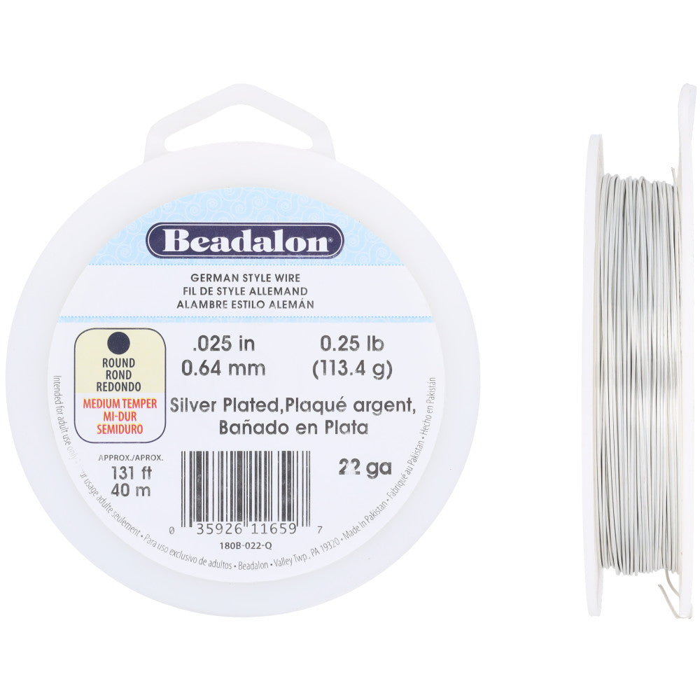 German Style Craft Wire, Round 22 Gauge / 0.25 in., 40 Meter Spool, Silver Plated