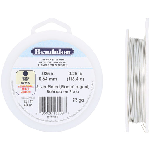 German Style Craft Wire, Round 22 Gauge / 0.25 in., 40 Meter Spool, Silver Plated