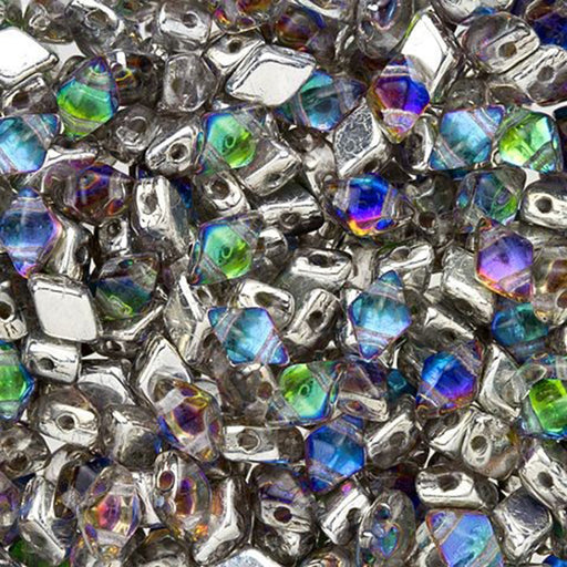 Czech Glass DiamonDuo Mini, 2-Hole Diamond Shaped Beads 4x6mm, Prismatic Peacock (25 Gram Pack)
