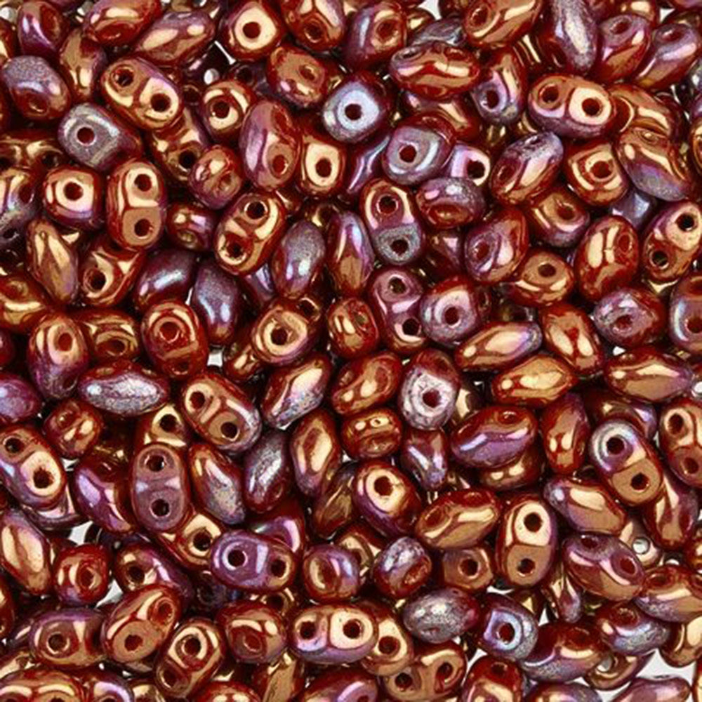 Czech Glass MiniDuo, 2-Hole Beads 2x4mm, Opaque Red with Bronze Luster (2.5  Inch Tube)