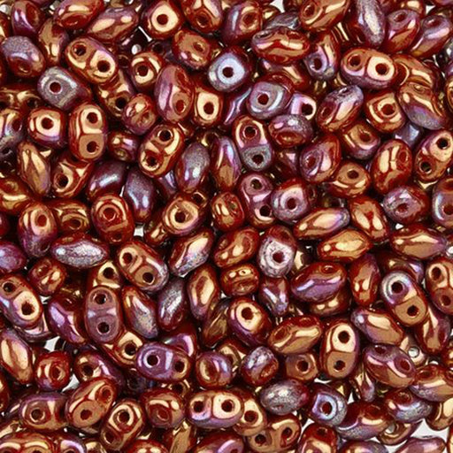 Czech Glass MiniDuo, 2-Hole Beads 2x4mm, Opaque Red with Bronze Luster  (2.5 Inch Tube)