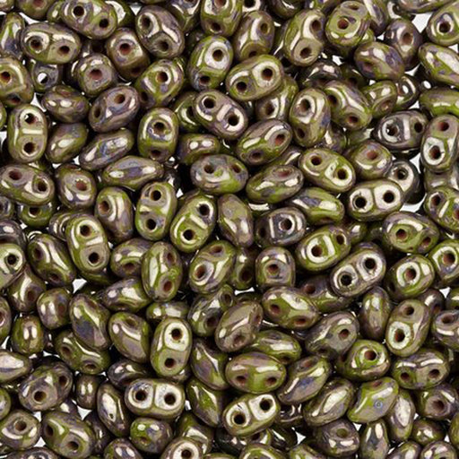 Czech Glass MiniDuo, 2-Hole Beads 2x4mm, Opaque Olive with Bronze Picasso   (2.5 Inch Tube)