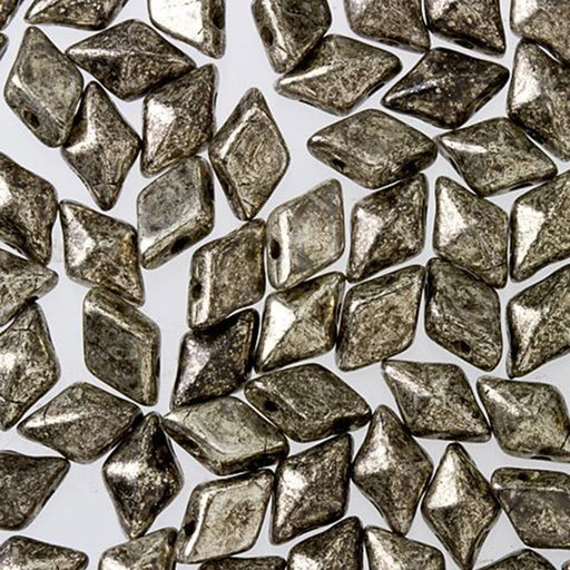 Czech Glass DiamonDuo, 2-Hole Diamond Shaped Beads 5x8mm, Antique Chrome (10 Gram Pack)