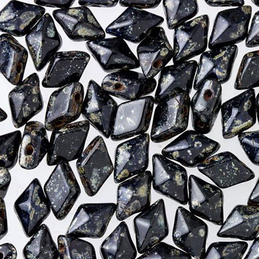 Czech Glass DiamonDuo, 2-Hole Diamond Shaped Beads 5x8mm, Jet Silver Picasso (10 Gram Pack)
