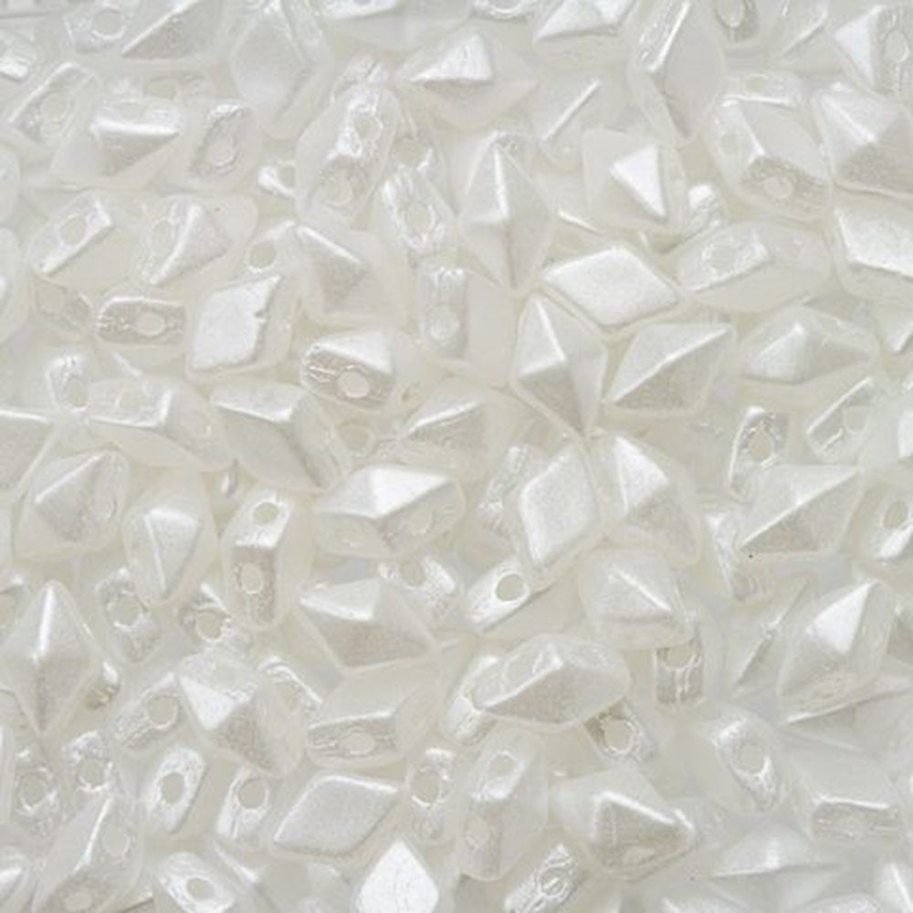 Czech Glass DiamonDuo Mini, 2-Hole Diamond Shaped Beads 4x6mm, White Airy Pearl (25 Gram Pack)