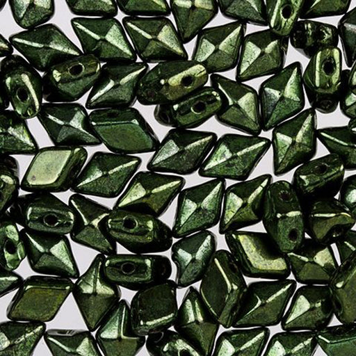 Czech Glass DiamonDuo, 2-Hole Diamond Shaped Beads 5x8mm, Metallic Green (10 Gram Pack)
