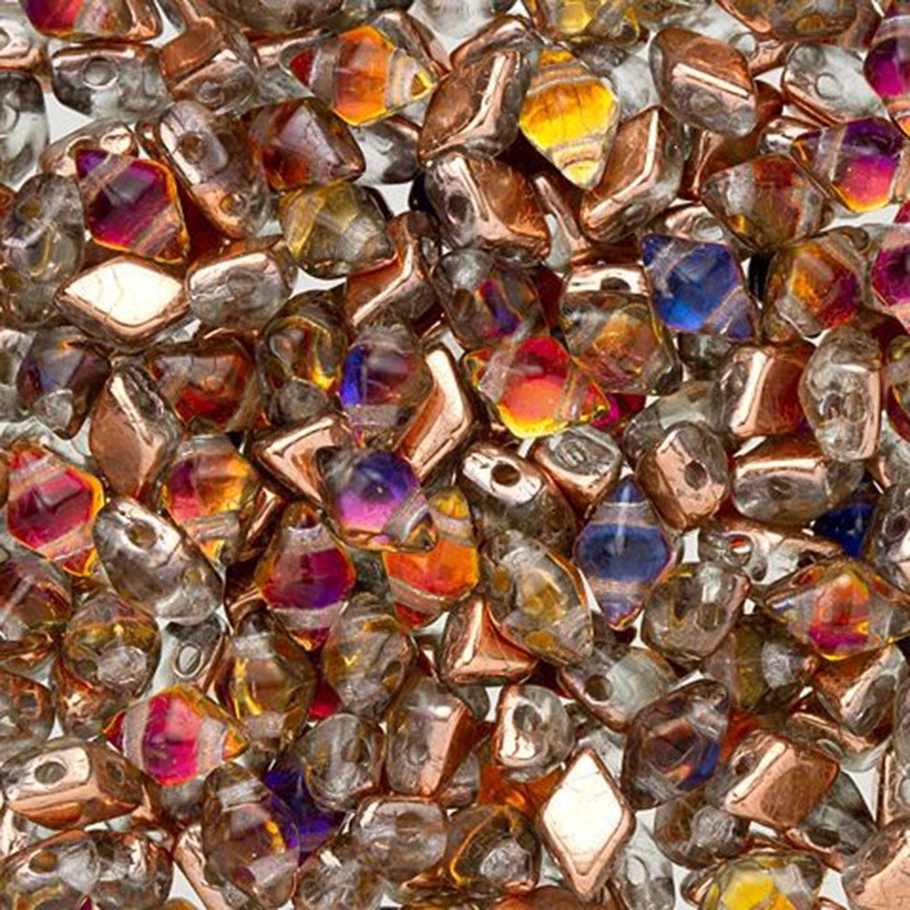 Czech Glass DiamonDuo Mini, 2-Hole Diamond Shaped Beads 4x6mm, Prismatic Phoenix (25 Gram Pack)
