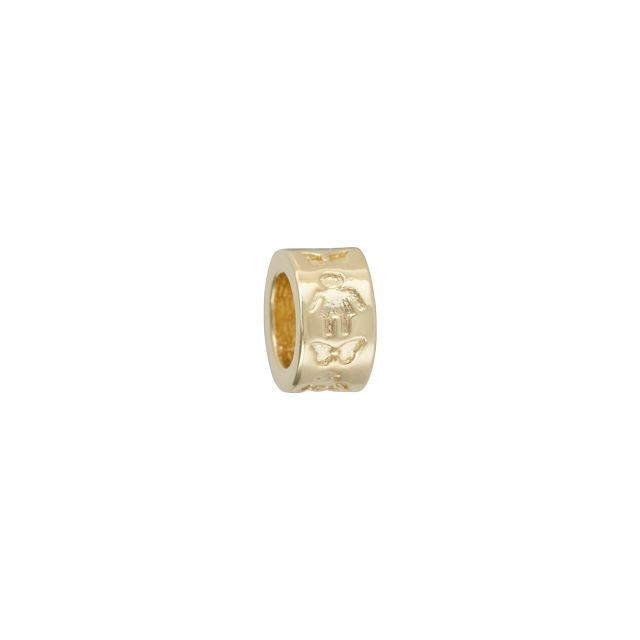 Large Hole Bead, Round Cylinder with Children Kid Symbols and Butterflies 8mm, Gold Plated (1 Piece)