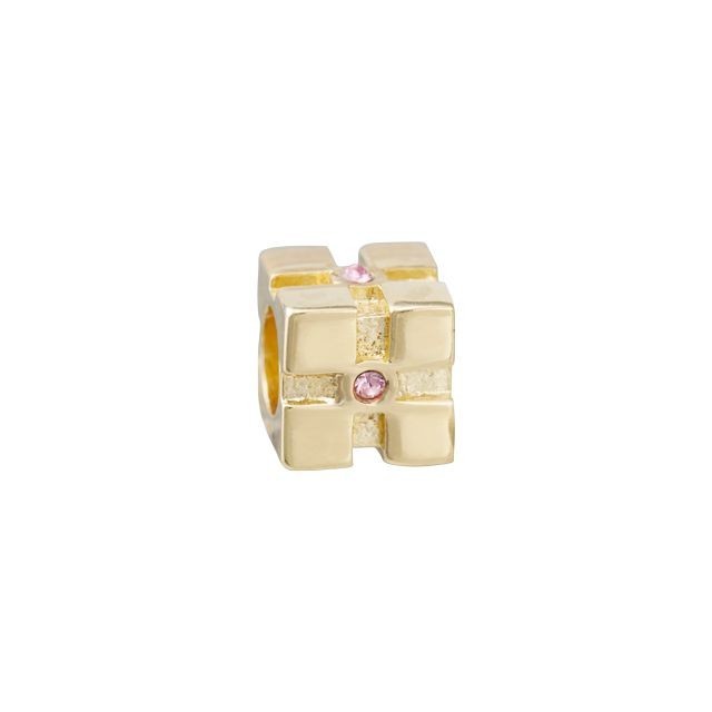 Large Hole Bead, Square Cube with Light Rose Pink Crystals 8mm, Gold Plated (1 Piece)