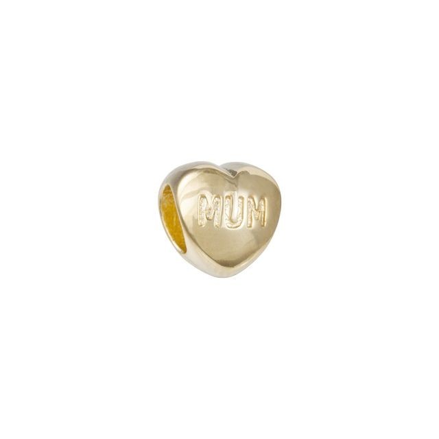 Large Hole Bead, Heart with Message "MUM" 8x9mm , Gold Plated (1 Piece)