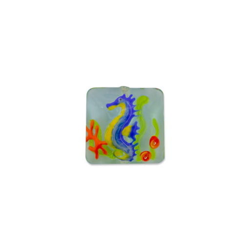 Glass Bead, Square Pillow Focal with Seahorse 26mm, by Grace Lampwork (1 Piece)