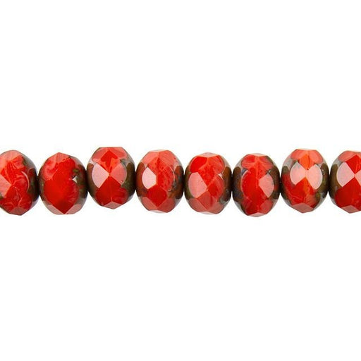 Czech Glass Beads, Faceted Rondelle 6x9mm, Coral Red with Picasso Finish, by Raven's Journey (1 Strand)