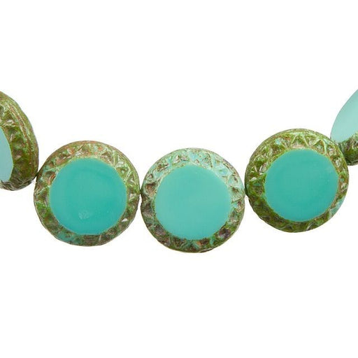 Czech Glass Beads, Coin Mayan Sun 16mm, Opaque Turquoise with Picasso Finish, by Raven's Journey (1 Strand)