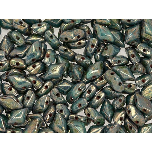 Czech Glass GemDuo, 2-Hole Diamond Shaped Beads 8x5mm, Turquoise Bronze Picasso  (2.5" Tube)