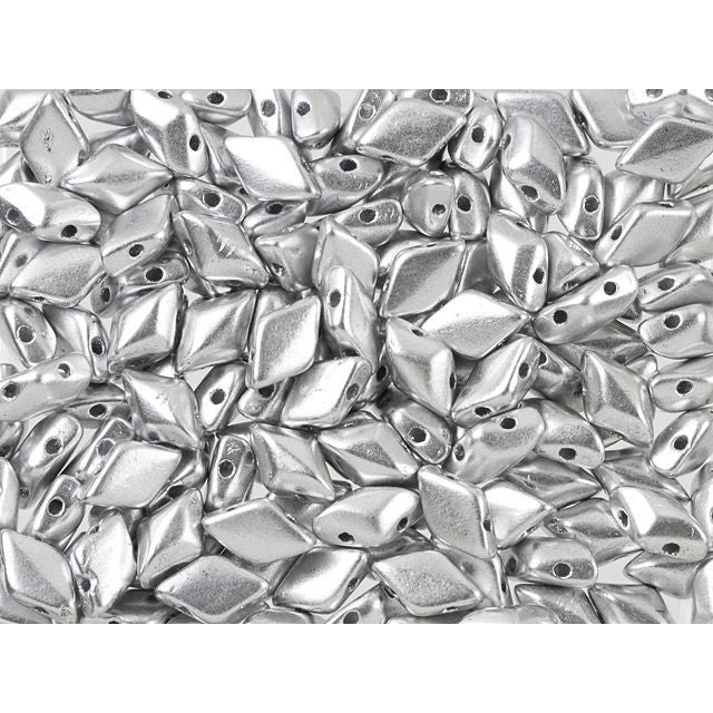 Czech Glass GemDuo, 2-Hole Diamond Shaped Beads 8x5mm, Matte Metallic Silver  (2.5" Tube)