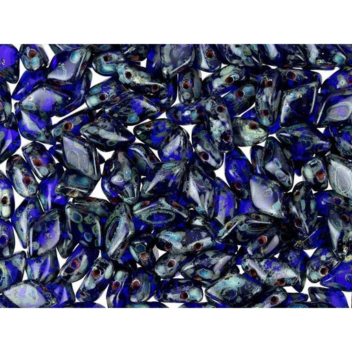 Czech Glass GemDuo, 2-Hole Diamond Shaped Beads 8x5mm, Cobalt Picasso  (2.5" Tube)