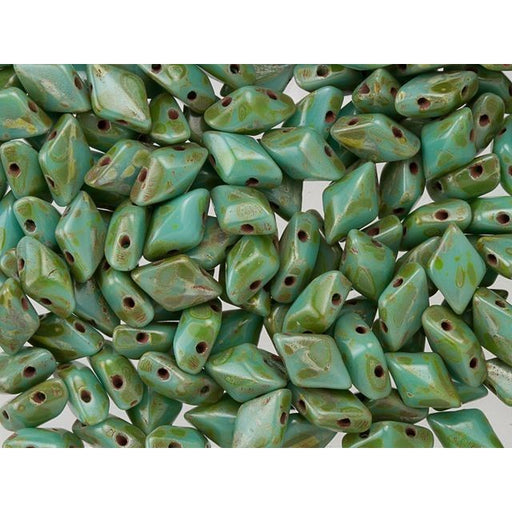 Czech Glass GemDuo, 2-Hole Diamond Shaped Beads 8x5mm, Opaque Turquoise Picasso  (2.5" Tube)