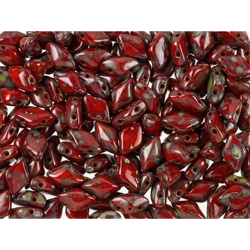 Czech Glass GemDuo, 2-Hole Diamond Shaped Beads 8x5mm, Opaque Red Picasso  (2.5" Tube)
