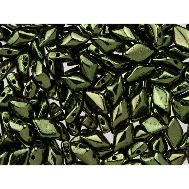 Czech Glass GemDuo, 2-Hole Diamond Shaped Beads 8x5mm, Metallic Green  (2.5" Tube)